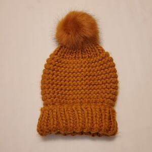 Free People Mustard Yellow Fur Pom Beanie Chunky Knit